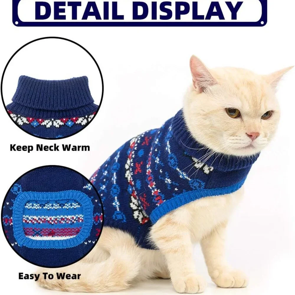 New! Medium Blue Cat Winter Sweater with Snowflake - Soft Turtleneck Knitted